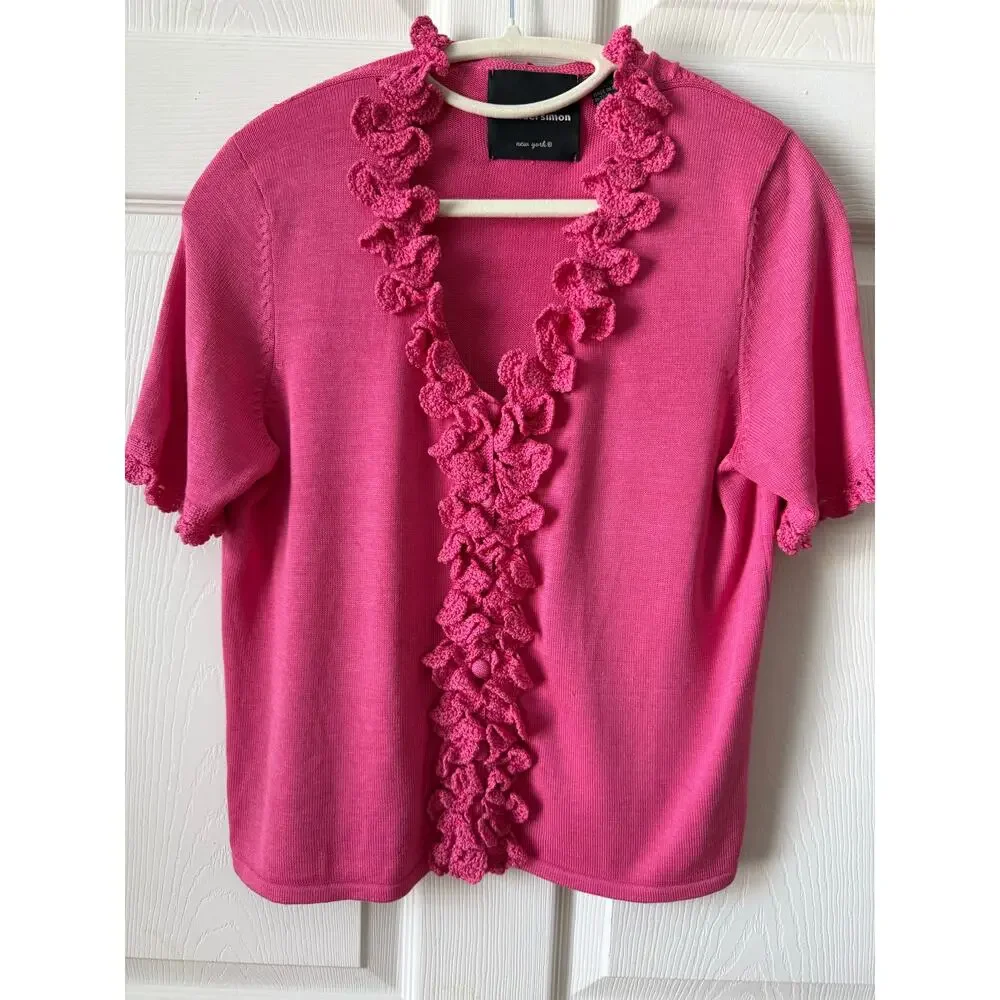 Michael Simon Pink Ruffle Cardigan Vintage Y2K Silk Cotton Blend Small Artsy Top